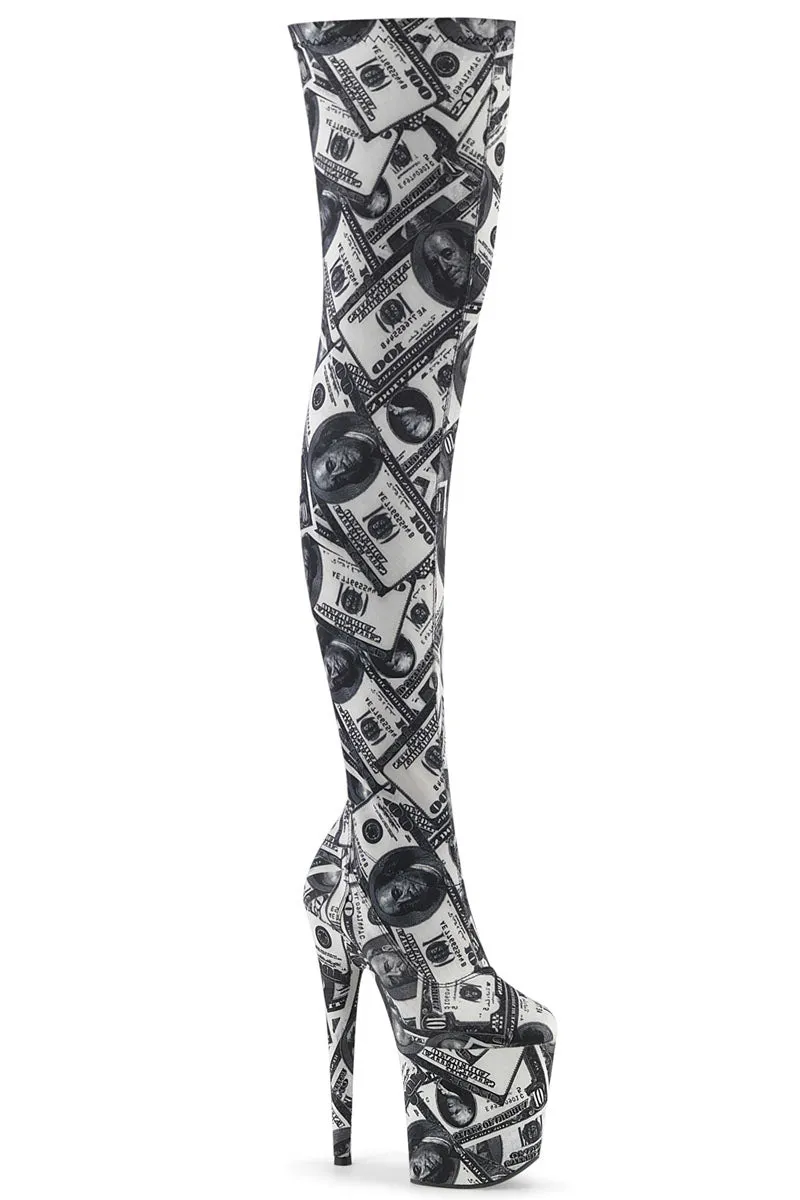 Pleaser Flamingo-3000DP 8 Thigh High Boots - Money Print