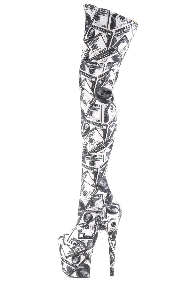 Pleaser Flamingo-3000DP 8 Thigh High Boots - Money Print