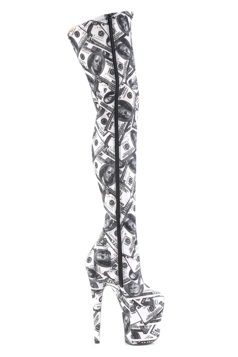 Pleaser Flamingo-3000DP 8 Thigh High Boots - Money Print