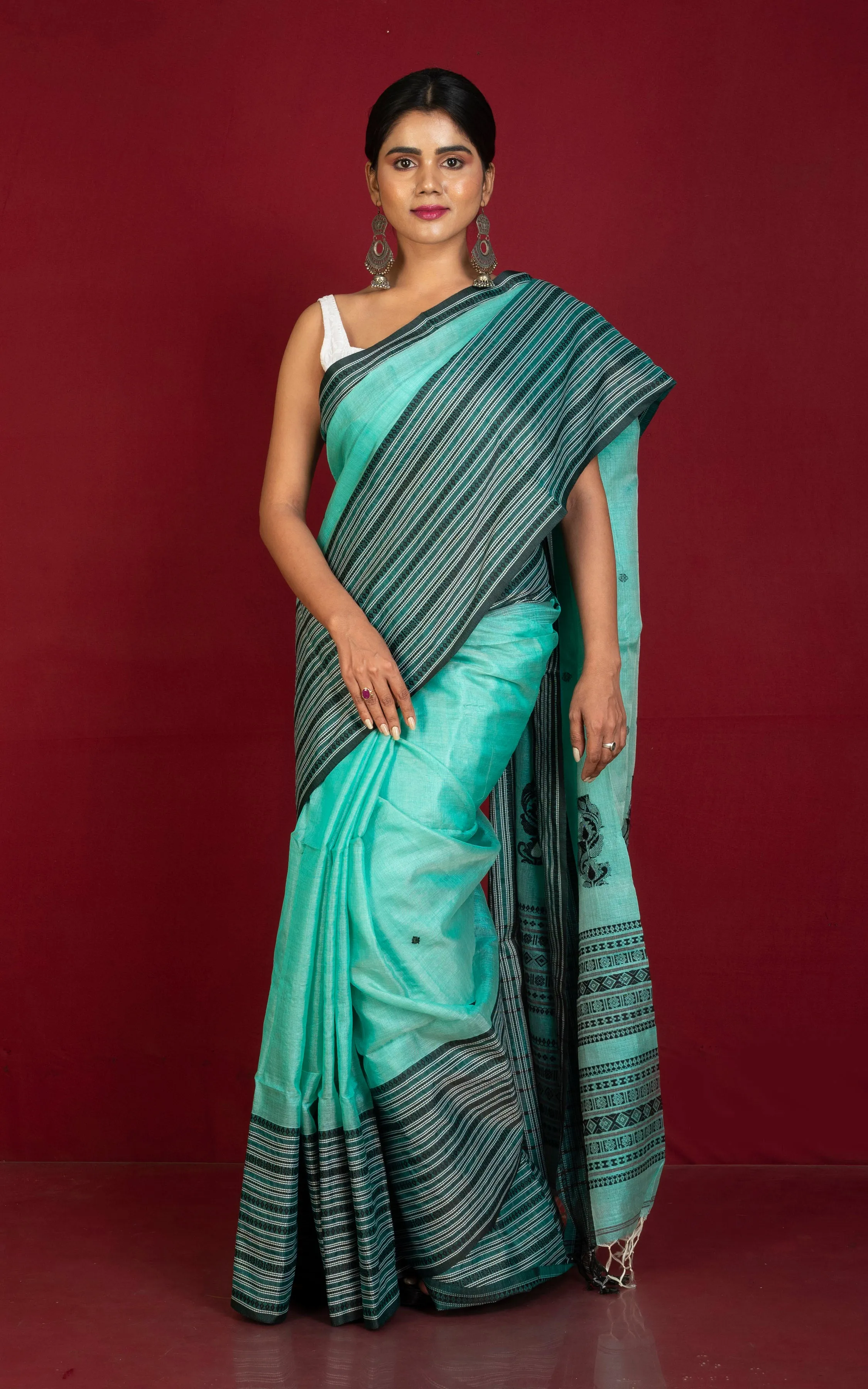 Premium Quality Tussar Silk Mahapar Nakshi Work Saree in Turquoise Green, Black and Off White