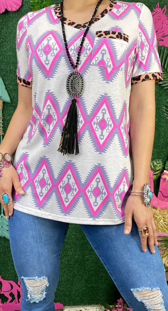 Purple Tribal Short Sleeve Top with Pocket & Leopard Trim