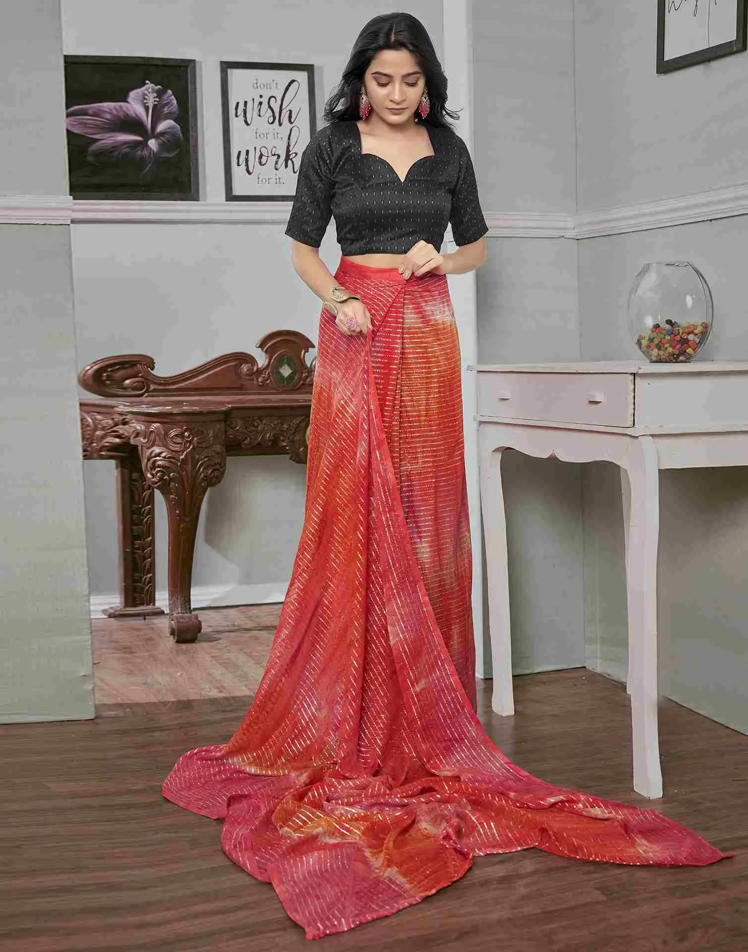 Ready To Wear Coral Red Georgette Printed Saree