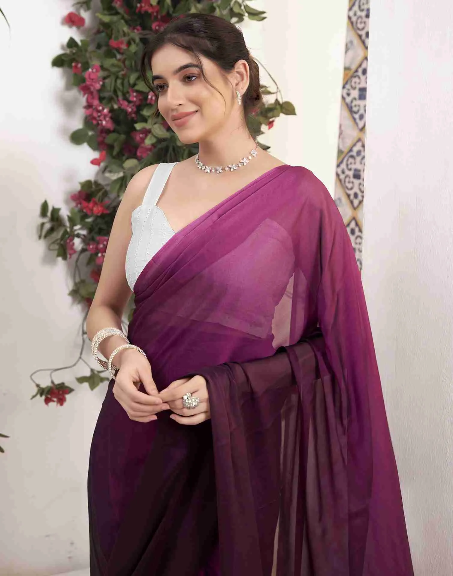 Ready To Wear Wine Georgette Plain Saree