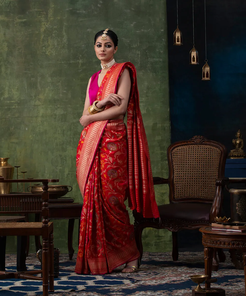 Red Handloom Pure Katan Silk Banarasi Saree with Cutwork Meenakari Jangla