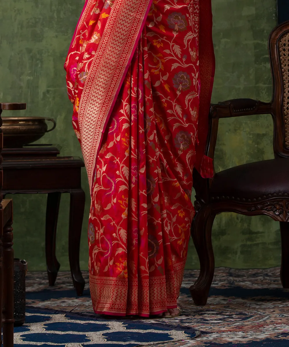 Red Handloom Pure Katan Silk Banarasi Saree with Cutwork Meenakari Jangla