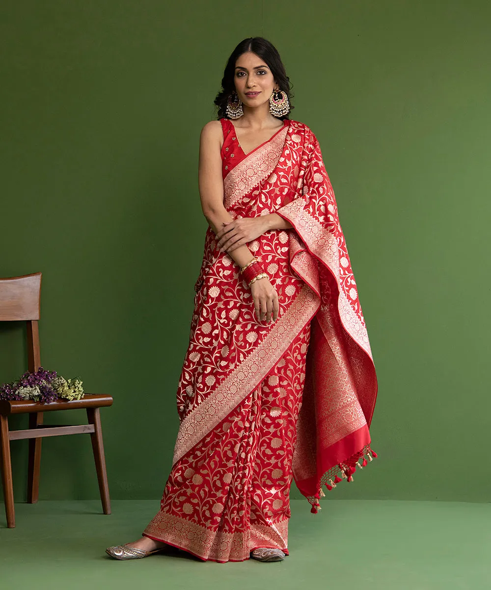 Red Handloom Pure Katan Silk Banarasi Saree with Small Floral Cutwork Jaal