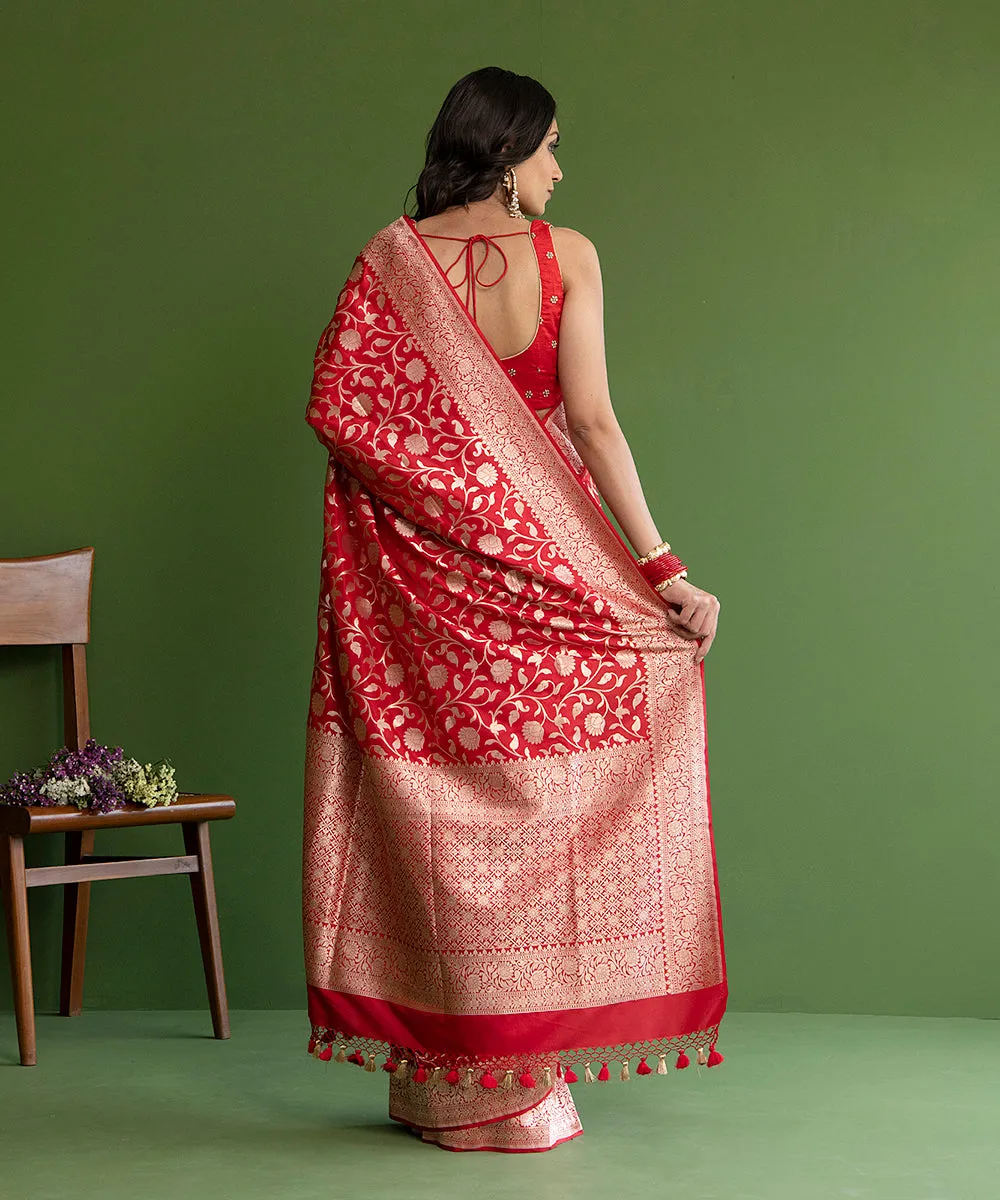 Red Handloom Pure Katan Silk Banarasi Saree with Small Floral Cutwork Jaal