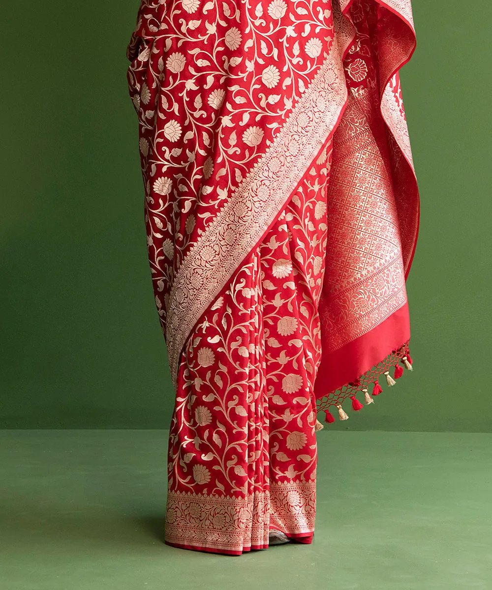 Red Handloom Pure Katan Silk Banarasi Saree with Small Floral Cutwork Jaal