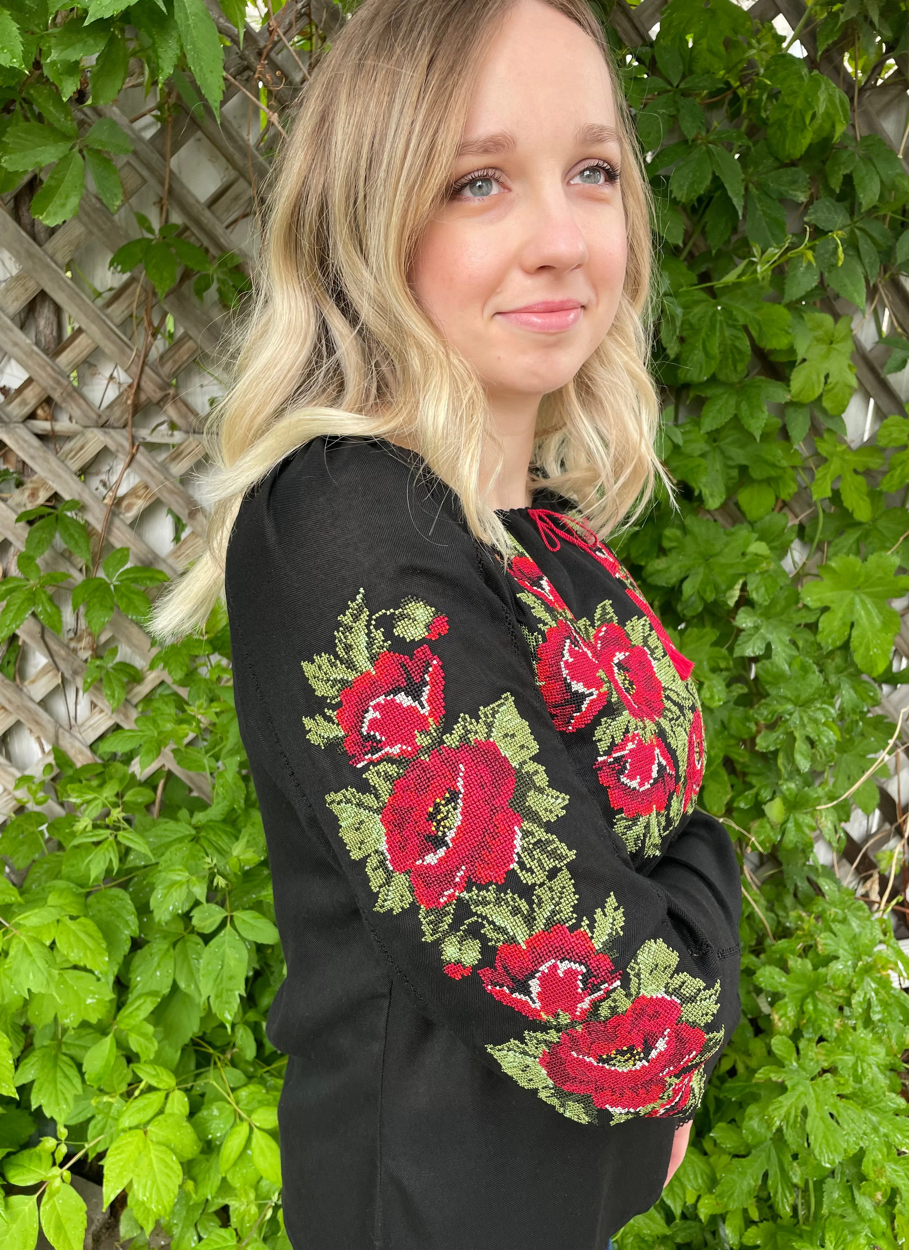 Result: Poppies Embroidered Black Blouse - Stylish and Chic!