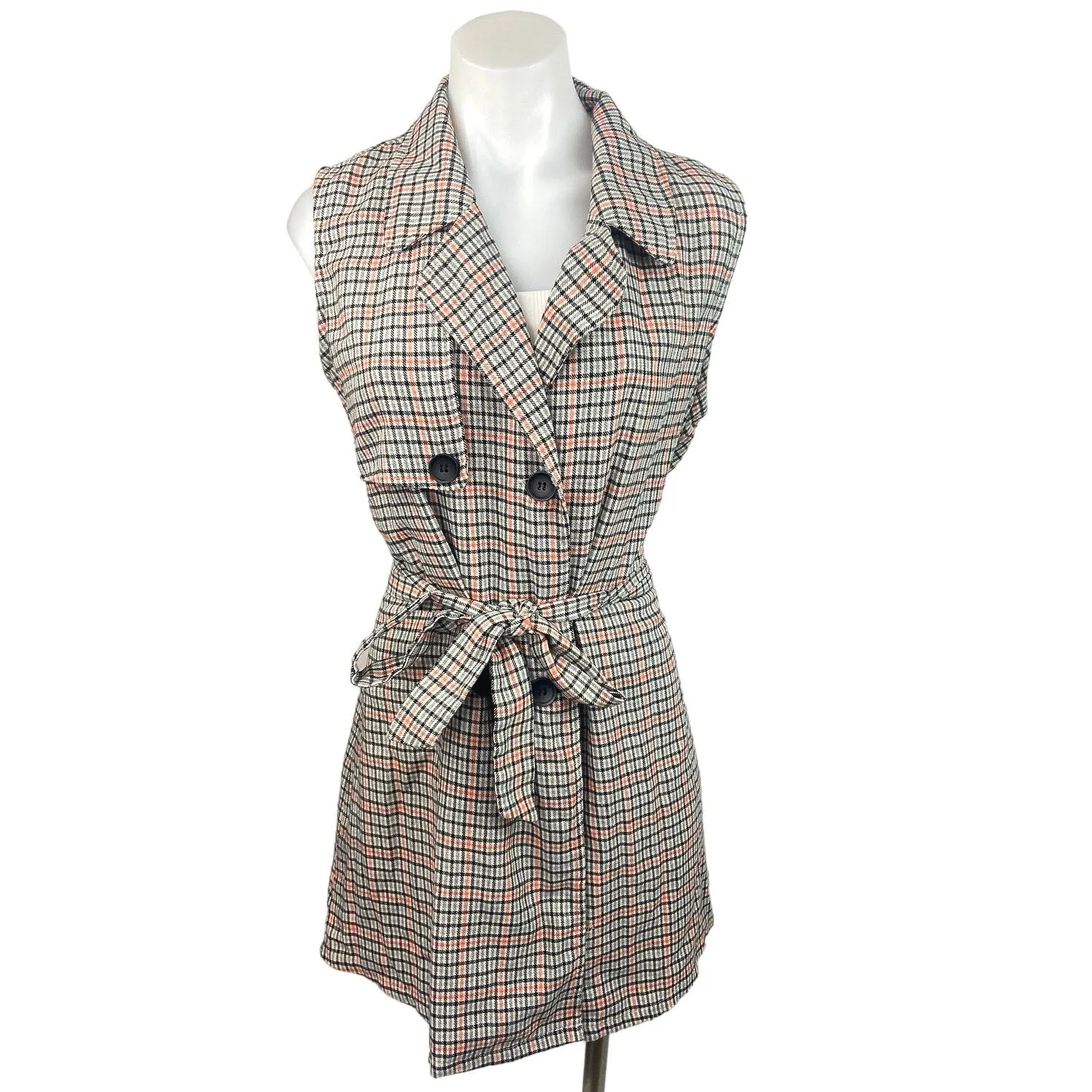 Road Mel Gray Plaid Double Breasted Tie Waist Sleeveless Blazer Coat Jacket Sz M