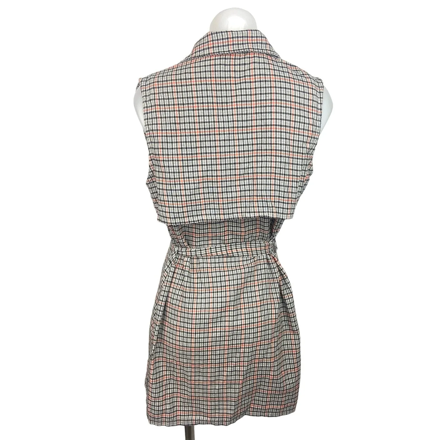 Road Mel Gray Plaid Double Breasted Tie Waist Sleeveless Blazer Coat Jacket Sz M