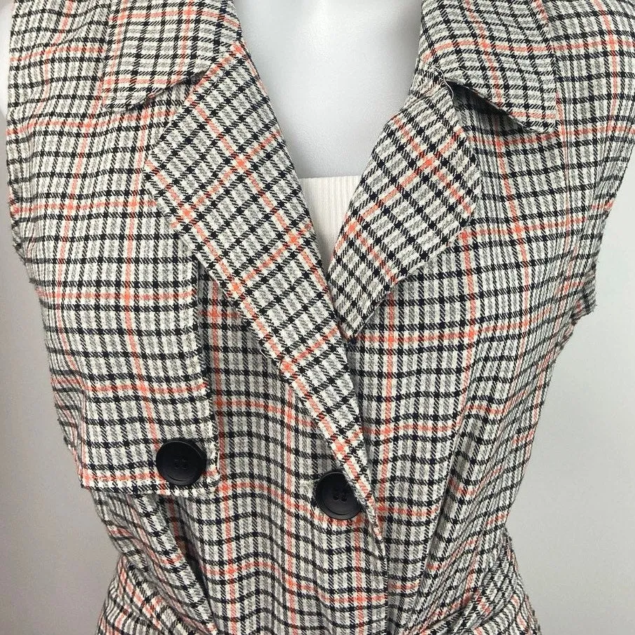 Road Mel Gray Plaid Double Breasted Tie Waist Sleeveless Blazer Coat Jacket Sz M