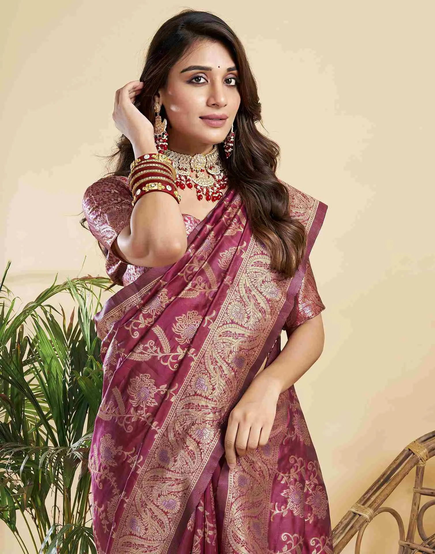 Rouge Floral Banarasi Silk Saree