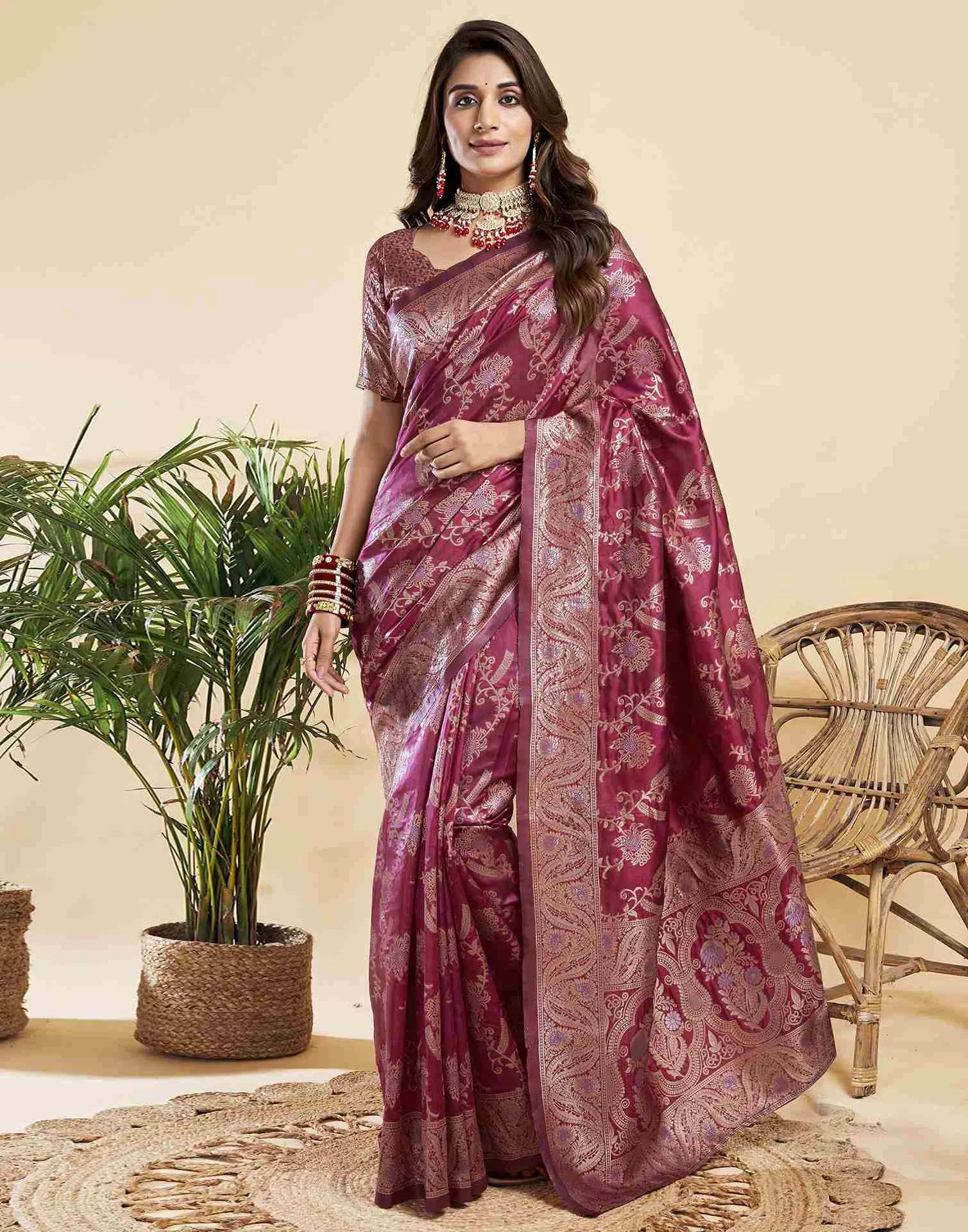 Rouge Floral Banarasi Silk Saree