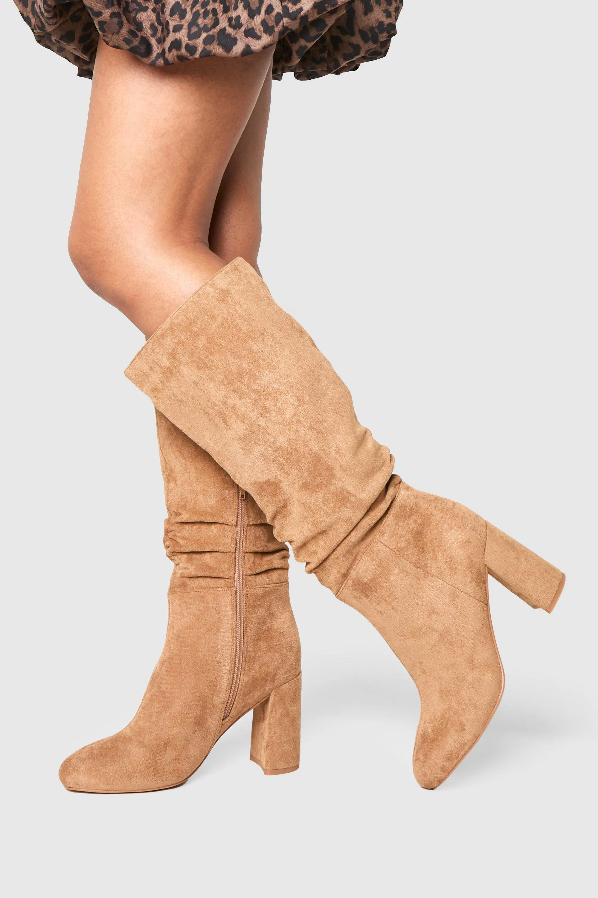 Ruched High Block Heeled Knee High Boots