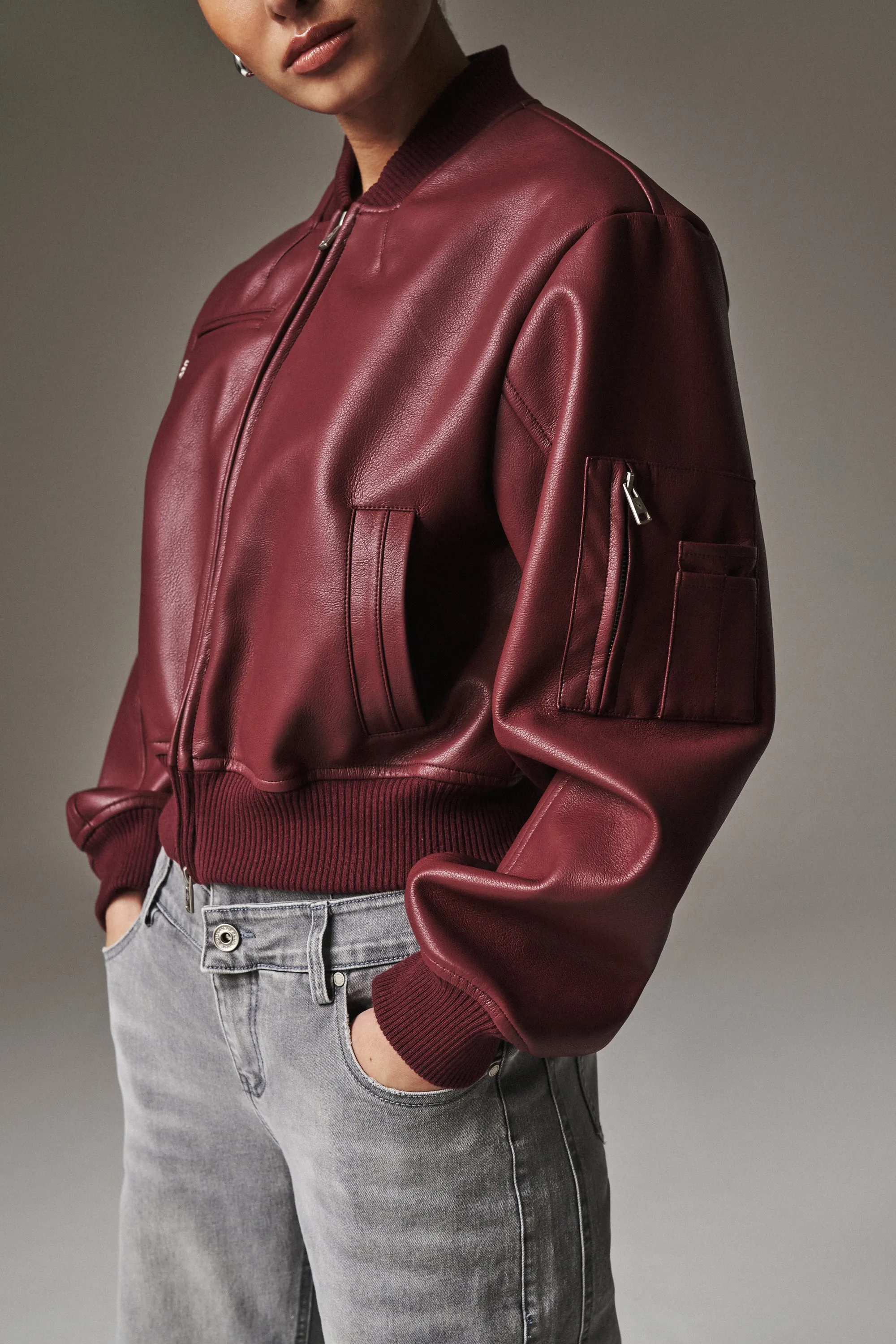 SHOULDER PADDED FAUX LEATHER BOMBER JACKET - DEEP RED