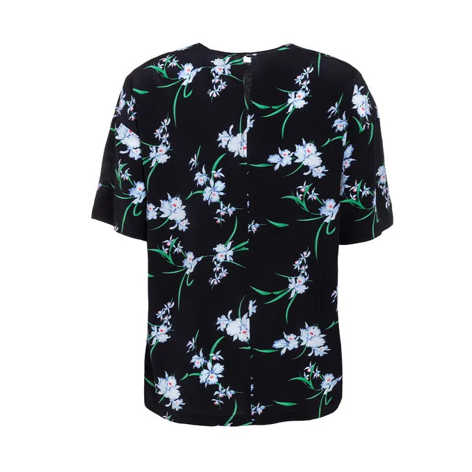 Silk Blouse Women Black - Floral Pattern