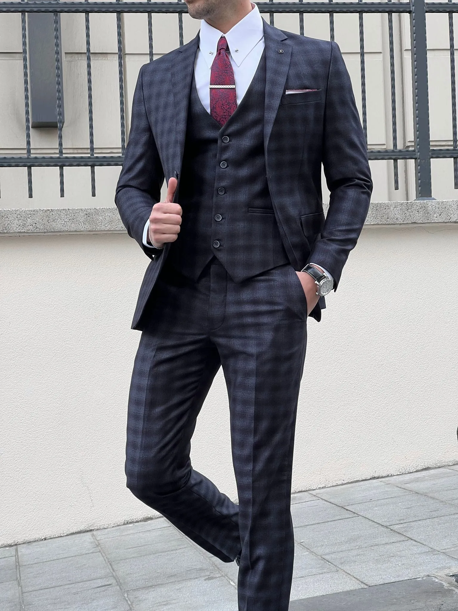 Slim Fit Navy Blue Vest Suit