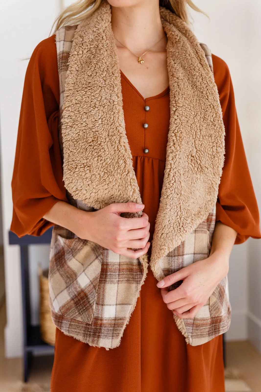 Snug Plaid Fur Lined Wide Collar Vest