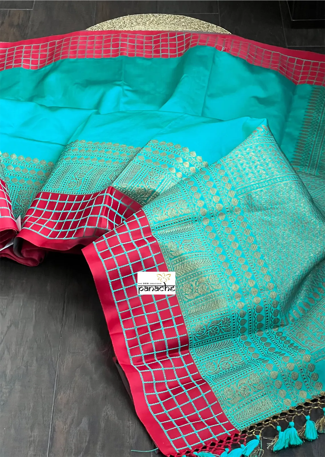 Soft Silk Banaras Saree - Turquoise Red