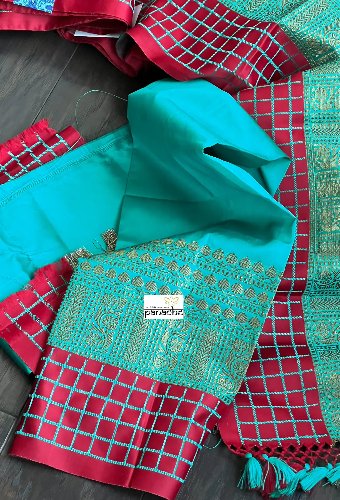 Soft Silk Banaras Saree - Turquoise Red