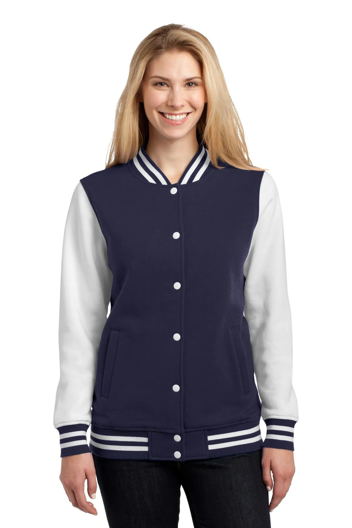 Sport-Tek Ladies Fleece Letterman Jacket LST270 True Navy/ White