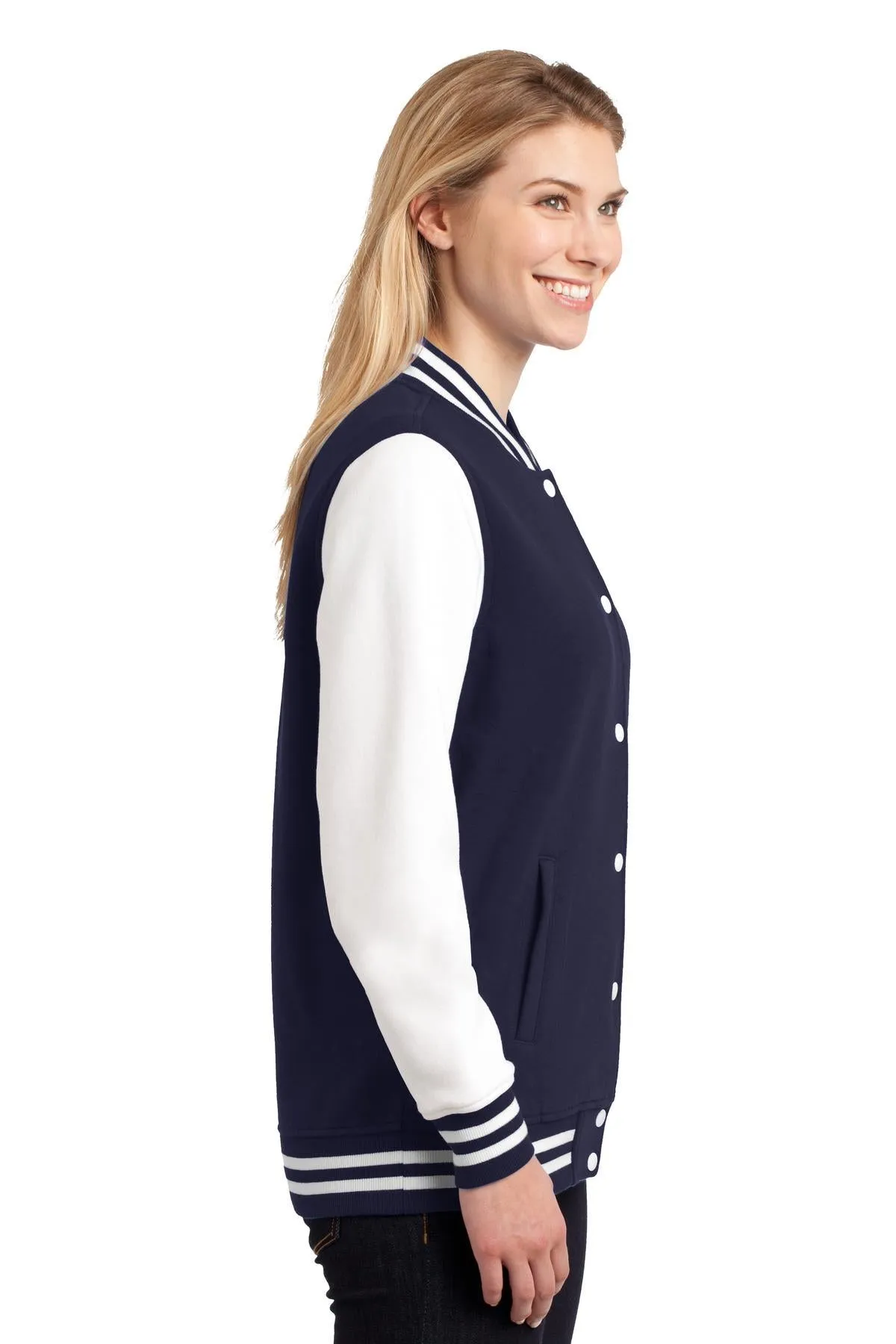 Sport-Tek Ladies Fleece Letterman Jacket LST270 True Navy/ White