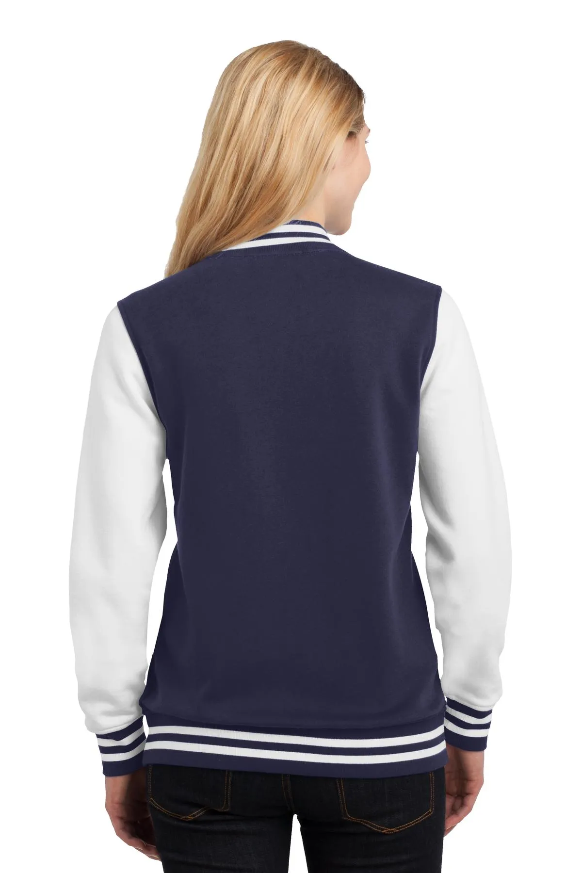 Sport-Tek Ladies Fleece Letterman Jacket LST270 True Navy/ White