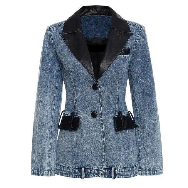 Streetwear Denim Blazer Women - Casual Style - Solid Color with Leather Collar