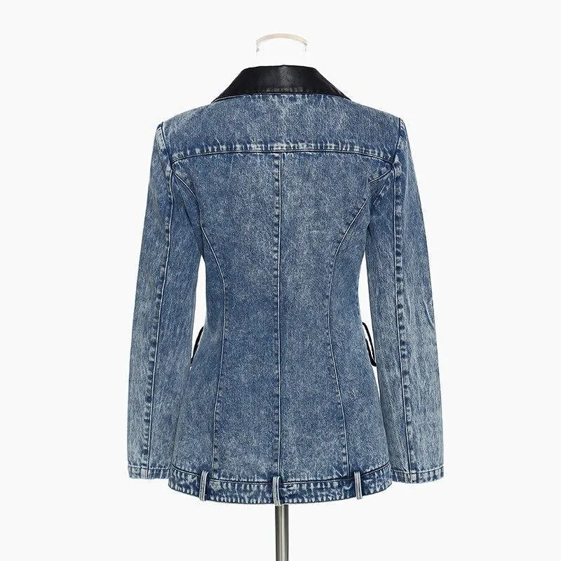 Streetwear Denim Blazer Women - Casual Style - Solid Color with Leather Collar