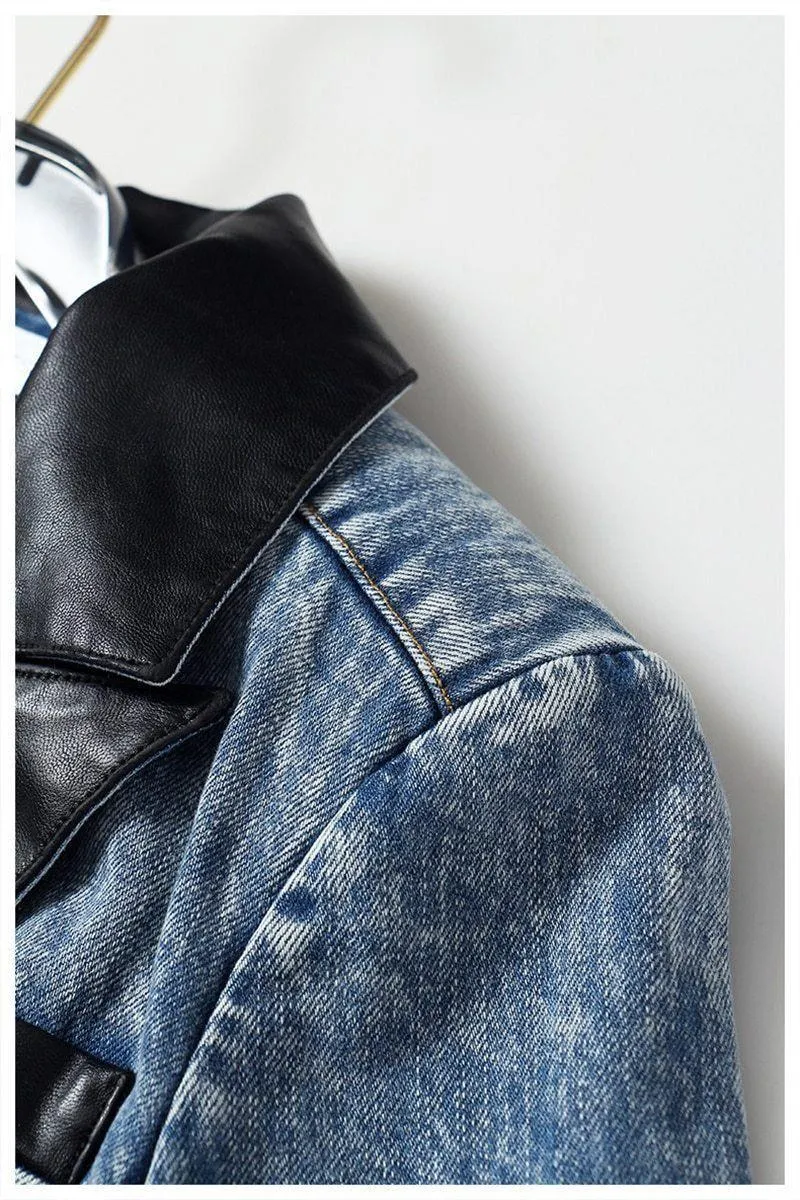 Streetwear Denim Blazer Women - Casual Style - Solid Color with Leather Collar