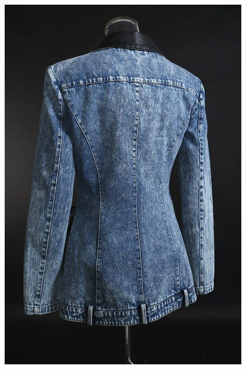 Streetwear Denim Blazer Women - Casual Style - Solid Color with Leather Collar