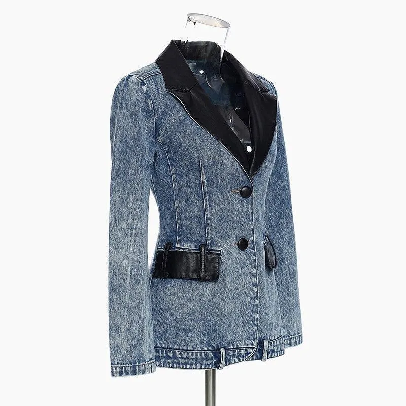 Streetwear Denim Blazer Women - Casual Style - Solid Color with Leather Collar