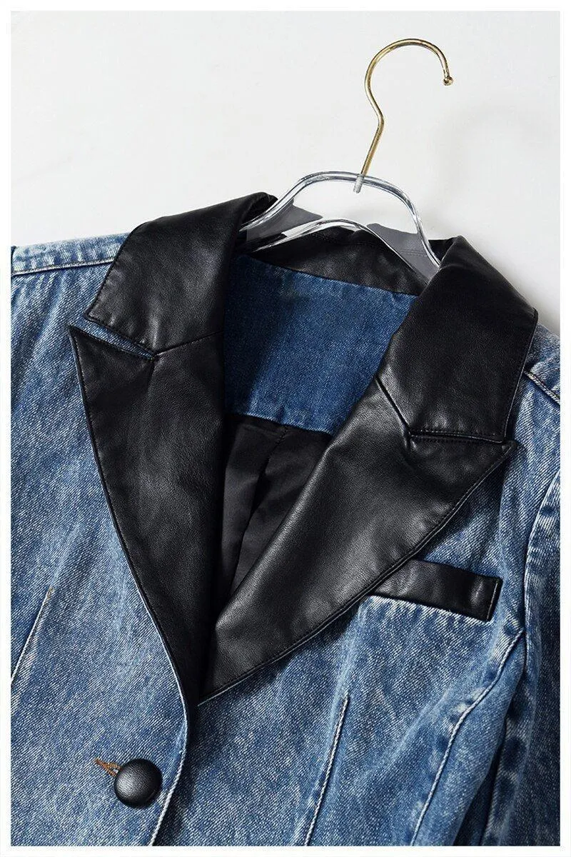 Streetwear Denim Blazer Women - Casual Style - Solid Color with Leather Collar