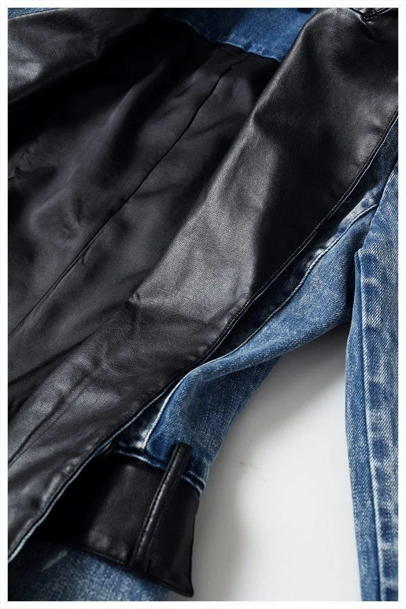 Streetwear Denim Blazer Women - Casual Style - Solid Color with Leather Collar