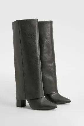 Textured Fold Over Block Knee High Boots