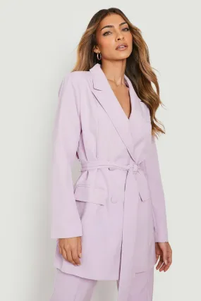 Tie Waist Stitch Detail Longline Blazer