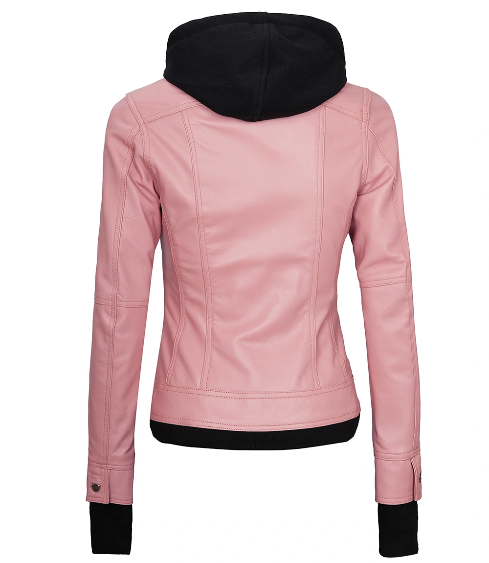 Tralee Women's Bomber Pink Real Leather Jacket with Hood