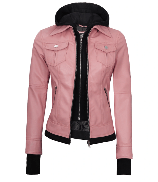 Tralee Women's Bomber Pink Real Leather Jacket with Hood