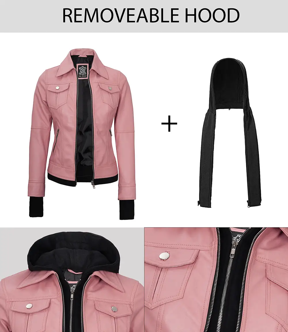 Tralee Women's Bomber Pink Real Leather Jacket with Hood