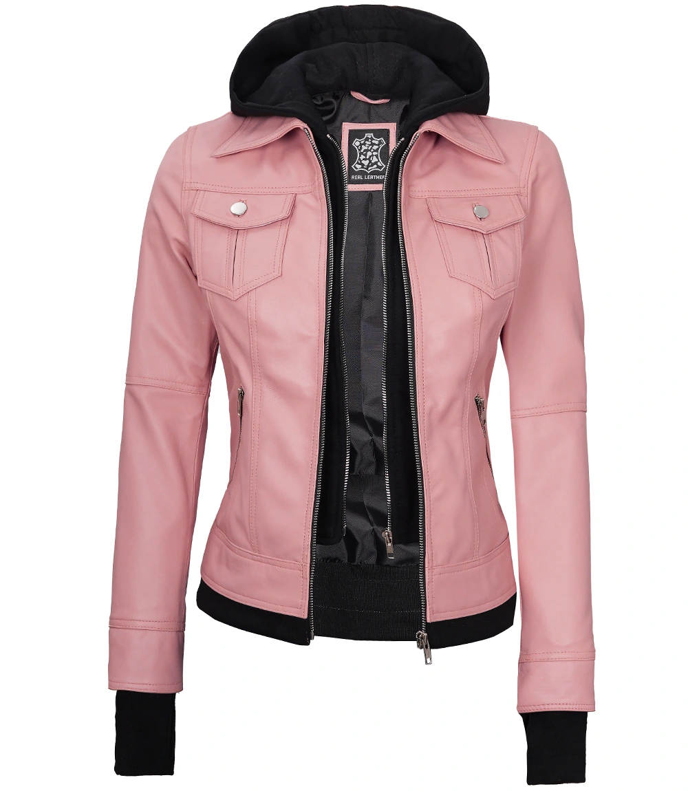 Tralee Women's Bomber Pink Real Leather Jacket with Hood