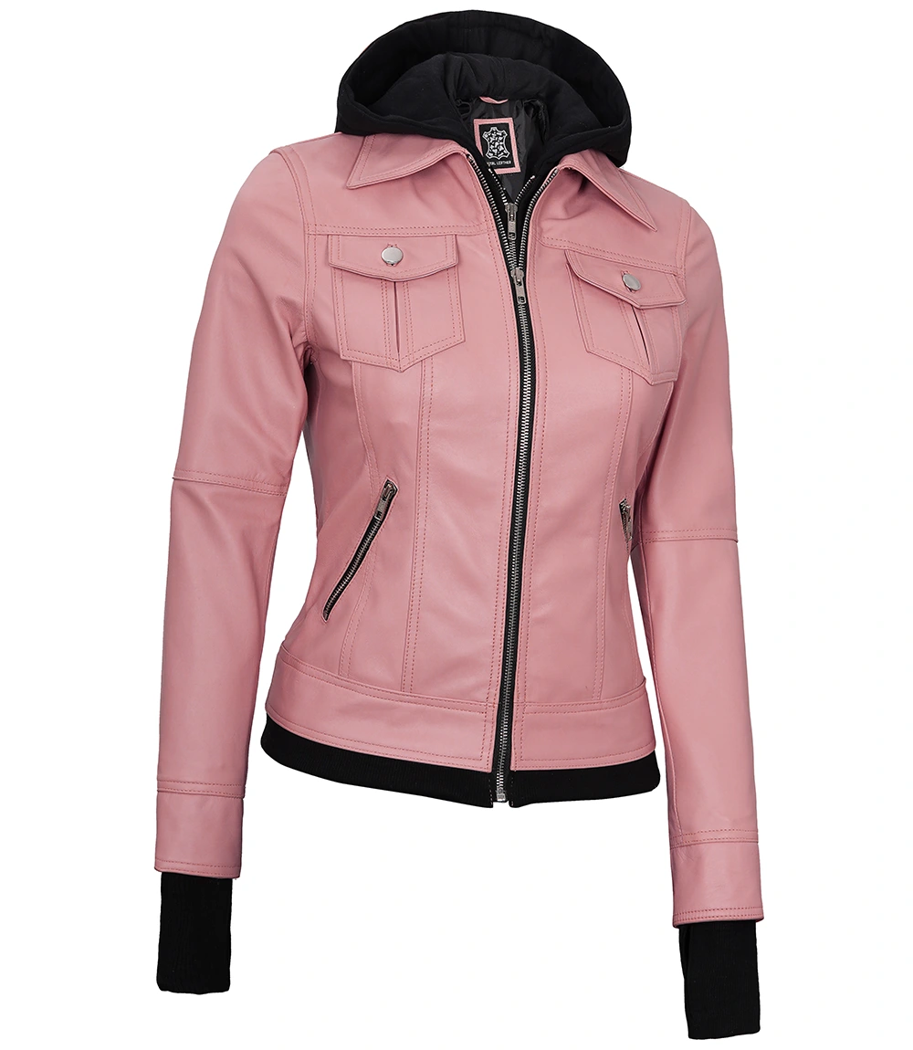 Tralee Women's Bomber Pink Real Leather Jacket with Hood