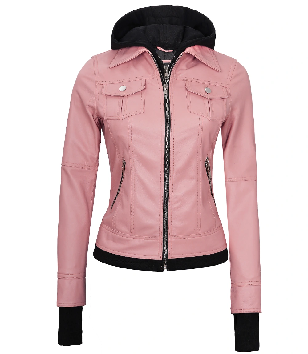 Tralee Women's Bomber Pink Real Leather Jacket with Hood