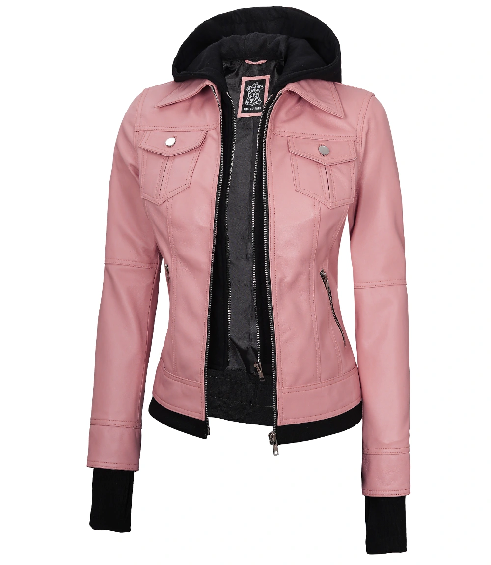 Tralee Women's Bomber Pink Real Leather Jacket with Hood