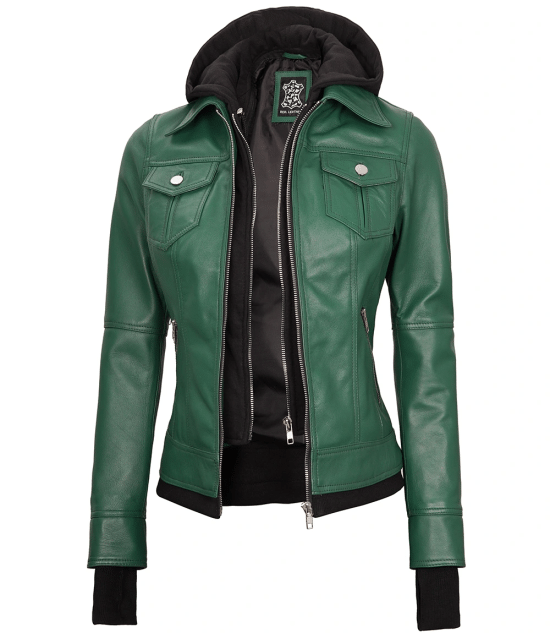 Tralee Women's Green Real Leather Jacket with Hood and Thumbholes