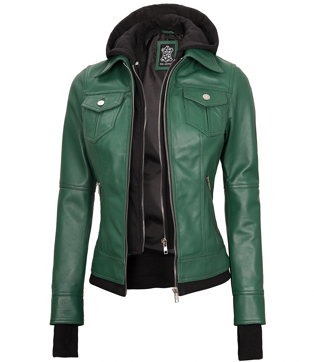 Tralee Women's Green Real Leather Jacket with Hood and Thumbholes