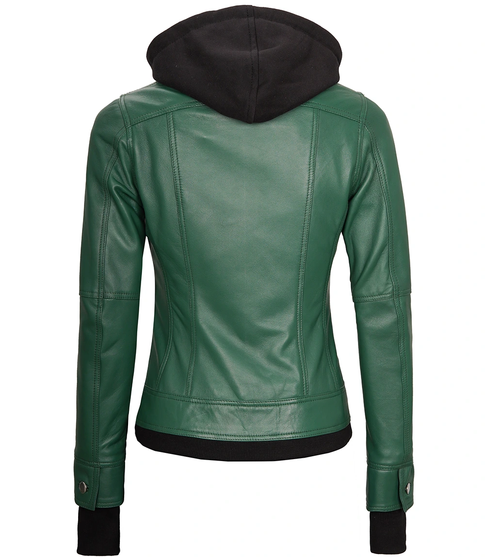 Tralee Women's Green Real Leather Jacket with Hood and Thumbholes