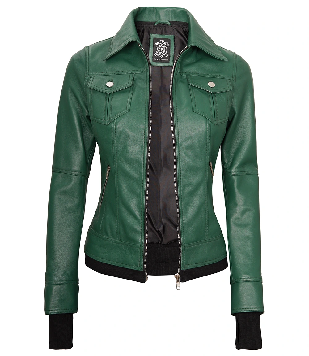 Tralee Women's Green Real Leather Jacket with Hood and Thumbholes