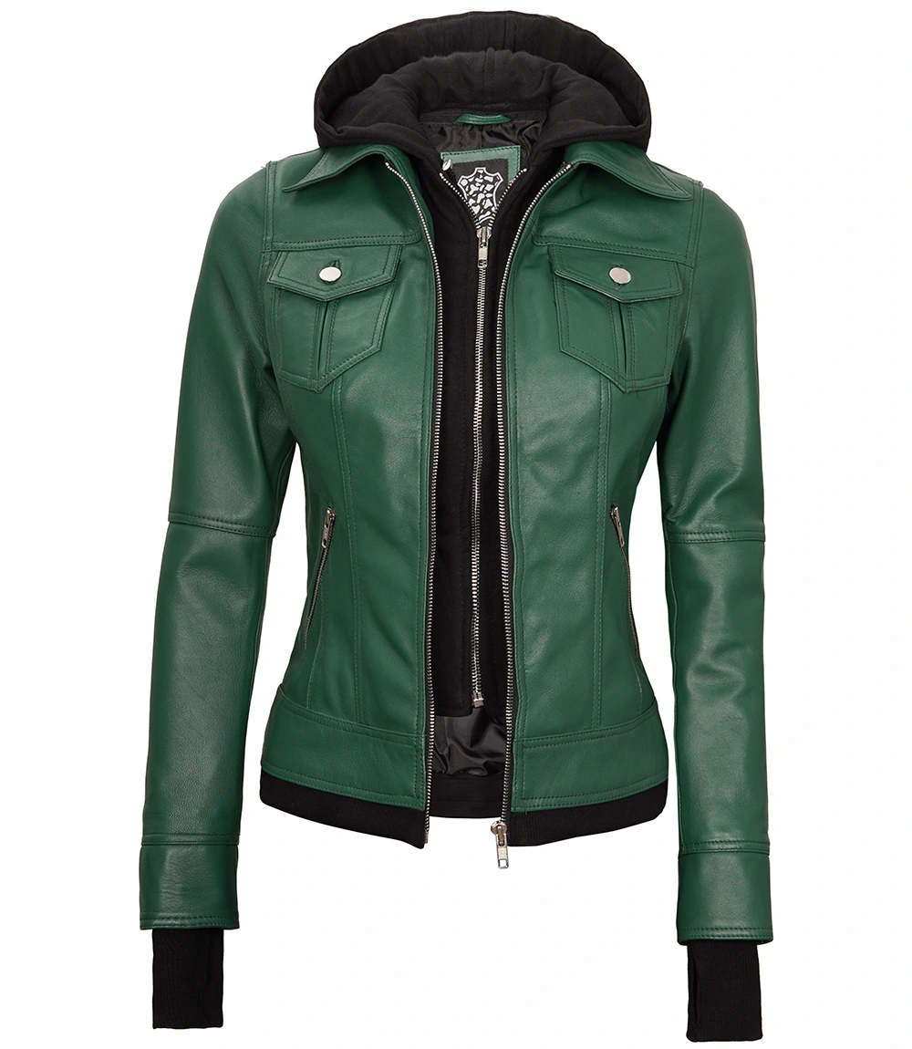 Tralee Women's Green Real Leather Jacket with Hood and Thumbholes