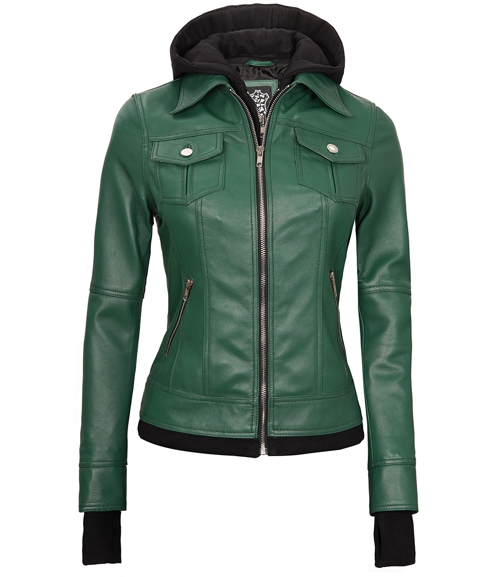 Tralee Women's Green Real Leather Jacket with Hood and Thumbholes